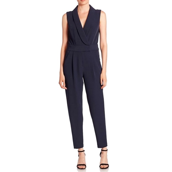 Milly Cady Sleeveless Tuxedo Collared Tailored Sleeveless Jumpsuit Navy Blue 4 - Picture 1 of 9